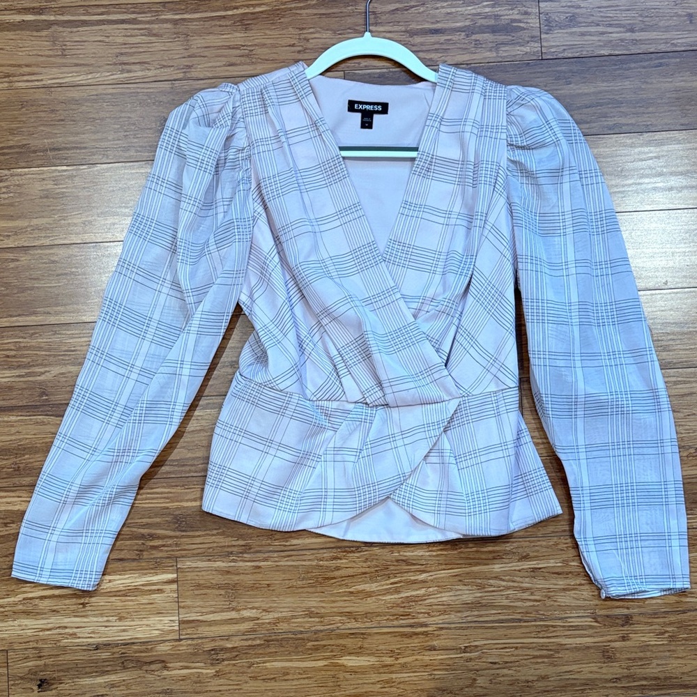 Express Women's White Plaid Wrap Blouse